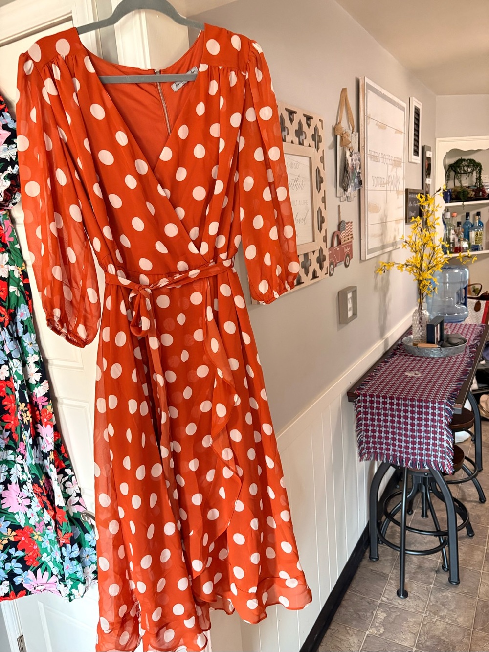 T.J.Maxx Orange & White Polka Dot Wrap Midi Dress